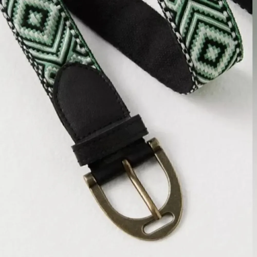 NWOT Free People Moving to Mars Belt Cotton S/M Green Black Leather Cotton Retro